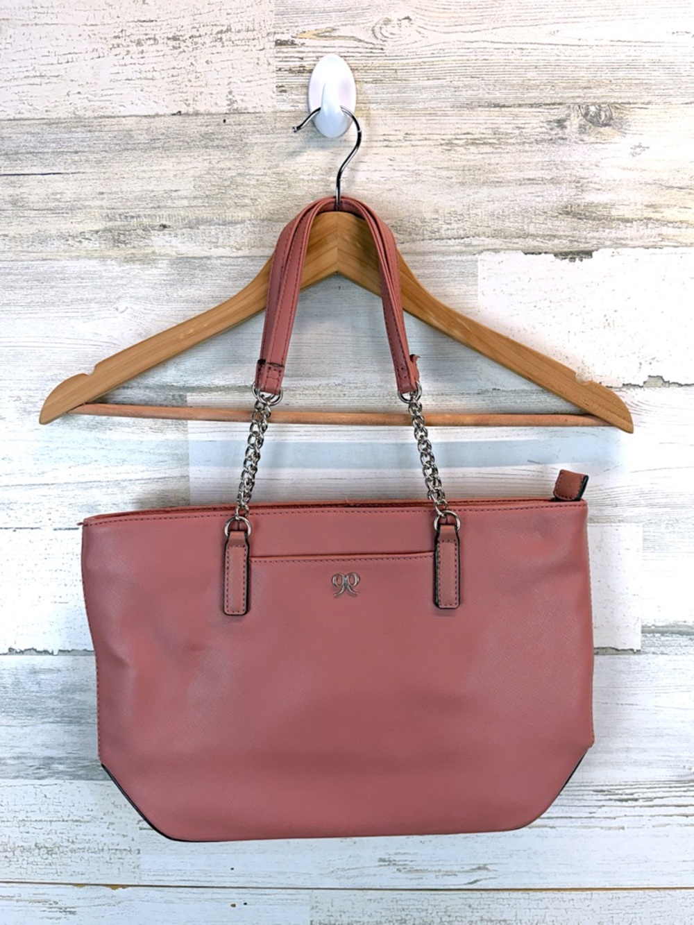 Nine West Dusty Rose Tote Bag Vegan Leather Chain Strap Minimal Chic